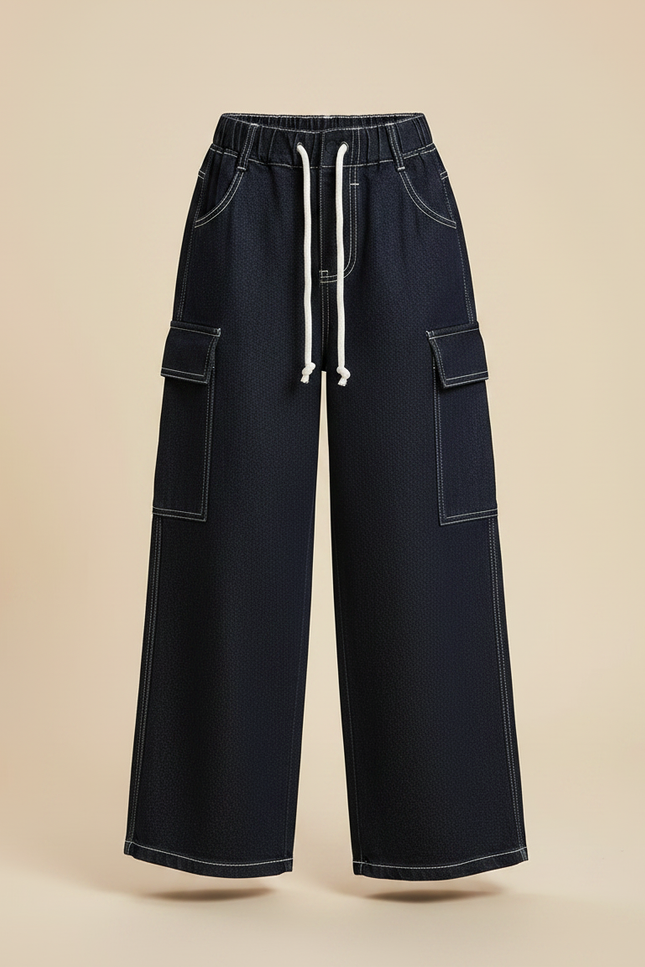 Pantalon Parachute Denim Ample Cargo Bleu Marine Fille - Jean - vue 3