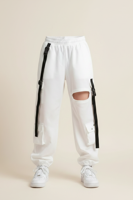 Pantalon Parachute Blanc Cargo Déchiré Streetwear - Polyester - vue 3