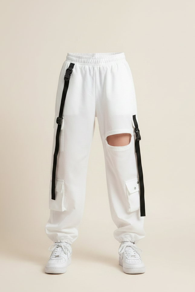 Pantalon Parachute Blanc Cargo Déchiré Streetwear - Polyester - vue 3