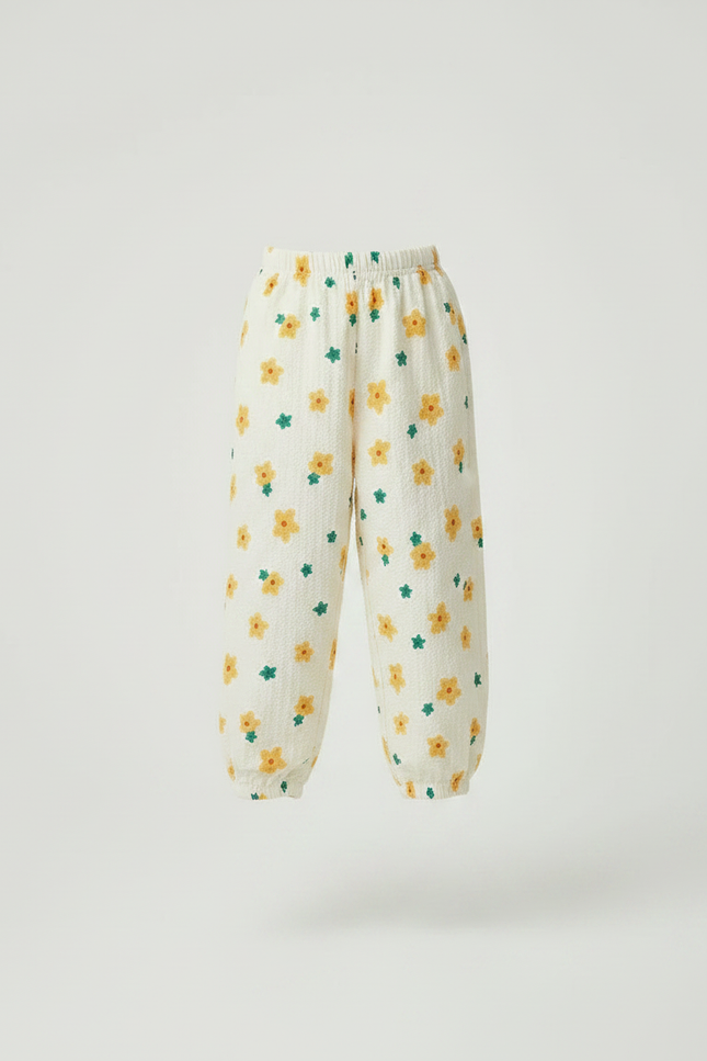 Pantalon Parachute Crème Fleuri Ample Fille Léger - Beige Coton - vue 3