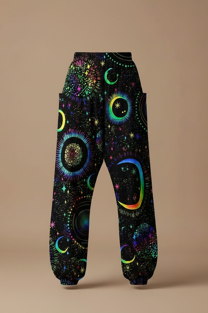 Pantalon Parachute Fluide Noir Imprimé Lune Étoiles Femme - Multicolore Viscose - vue 3