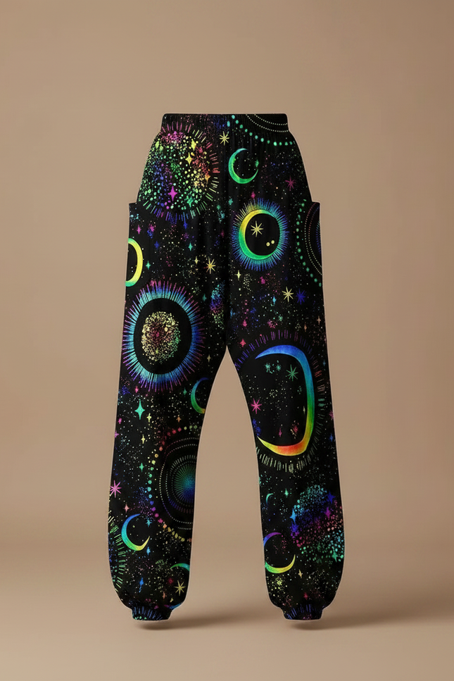 Pantalon Parachute Fluide Noir Imprimé Lune Étoiles Femme - Multicolore Viscose - vue 3