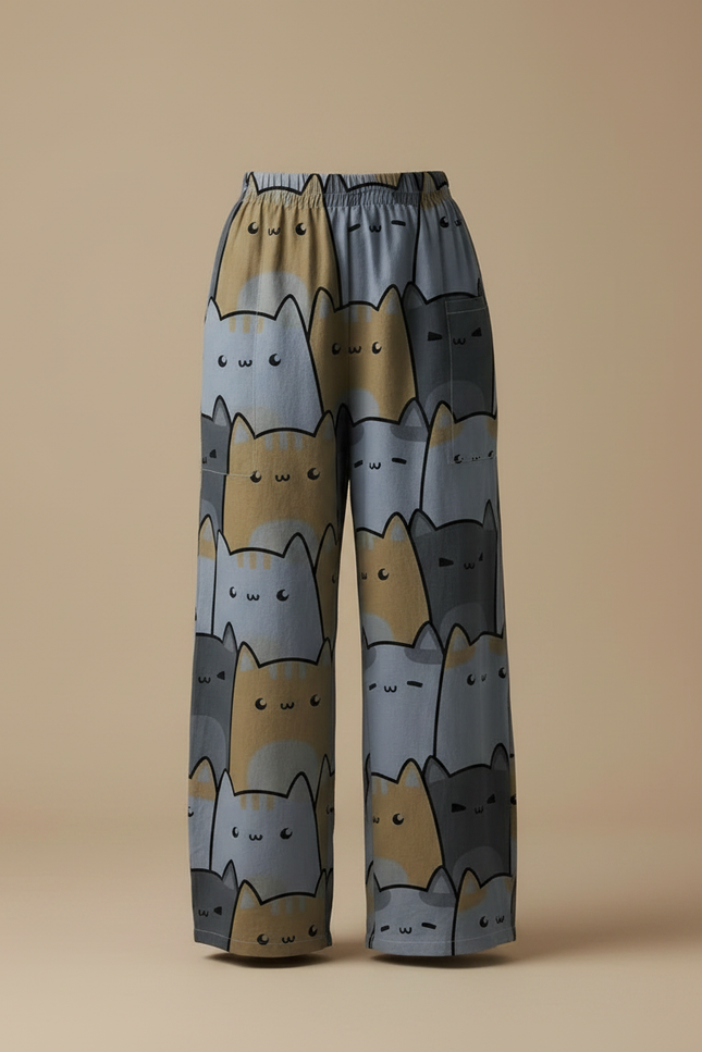 Pantalon Parachute Chats Imprimés Ample Décontracté Fluide Poches - Viscose - vue 3