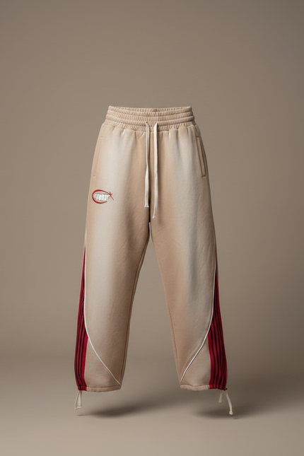Pantalon Parachute Beige Ample Rayures Rouges Hip-Hop - Molleton - vue 3