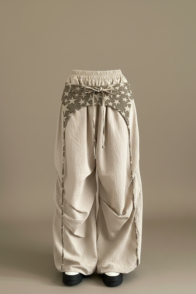 Pantalon Parachute Beige Ample Étoiles Streetwear Cordon - Polyester - vue 3