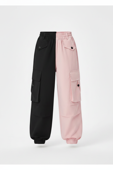 Pantalon Parachute Bicolore Noir Rose Cargo Fille - Multicolore Polyester - vue 3