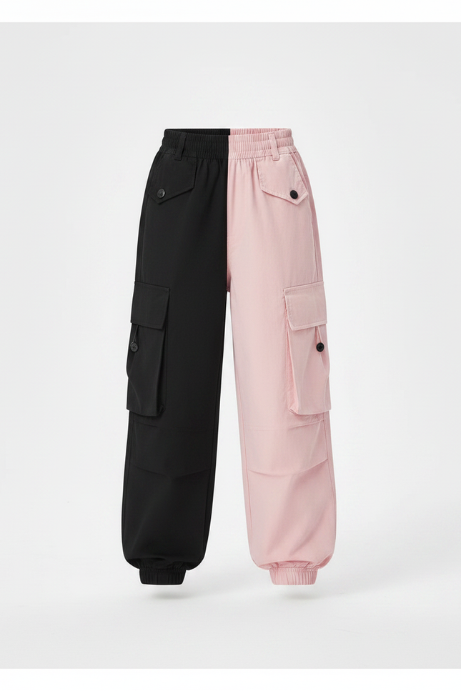 Pantalon Parachute Bicolore Noir Rose Cargo Fille - Multicolore Polyester - vue 3