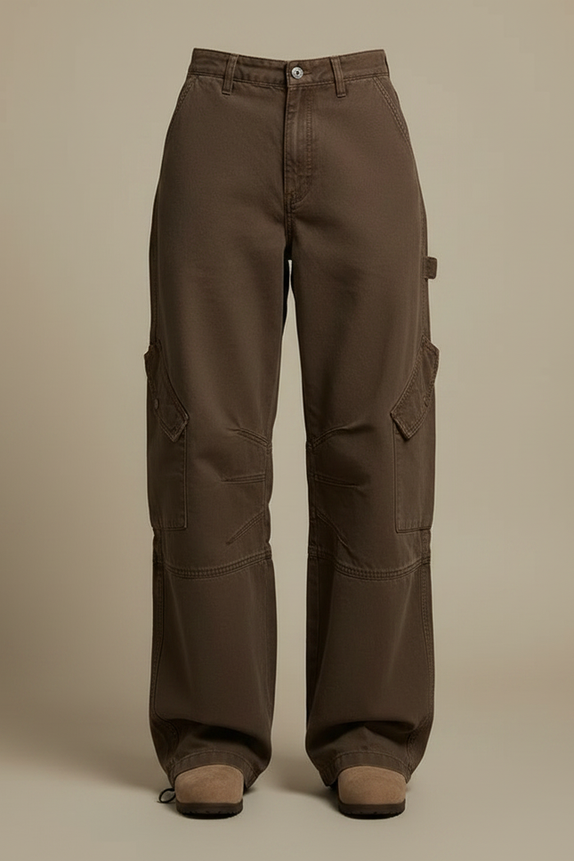 Pantalon Parachute Cargo Marron Ample Coton Femme Vintage - vue 3