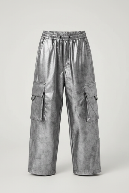 Pantalon Parachute Métallisé Cargo Ample Enfant Argenté - Simili cuir - vue 3