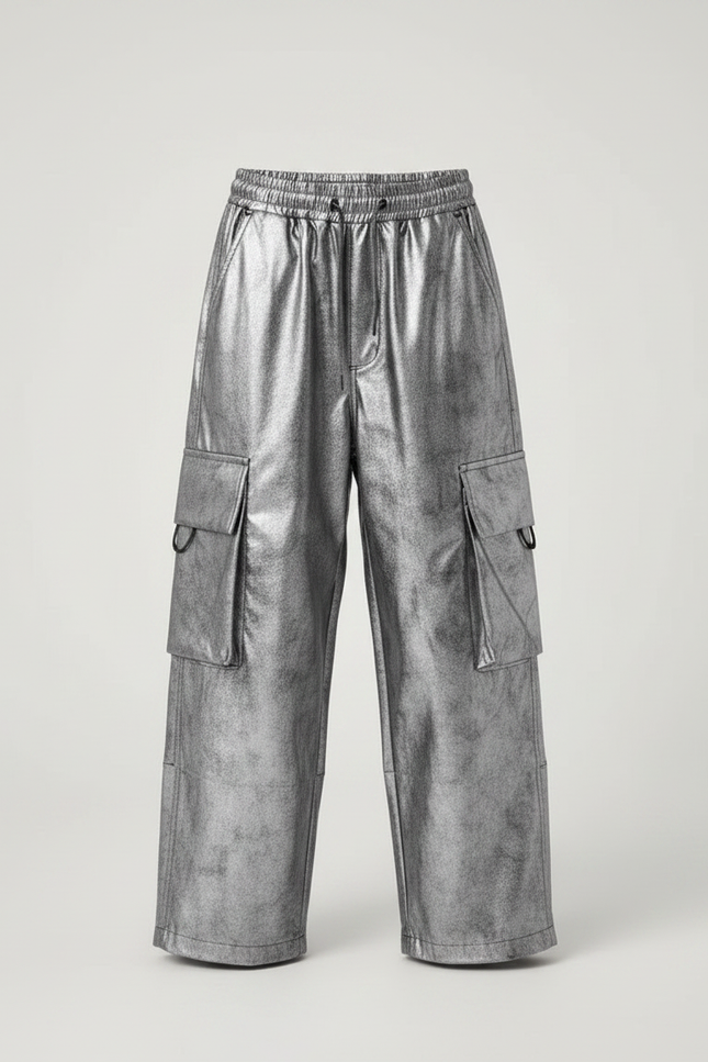 Pantalon Parachute Métallisé Cargo Ample Enfant Argenté - Simili cuir - vue 3
