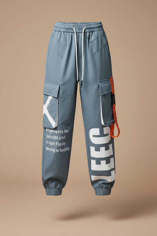 Pantalon Parachute Gris Imprimé Streetwear Cargo Ample - Toile - vue 3