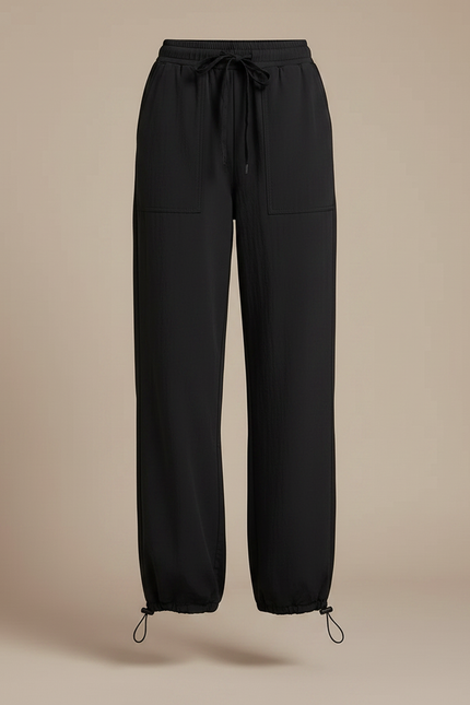Pantalon Parachute Noir Fluide Taille Haute Cordon - Polyester - vue 3
