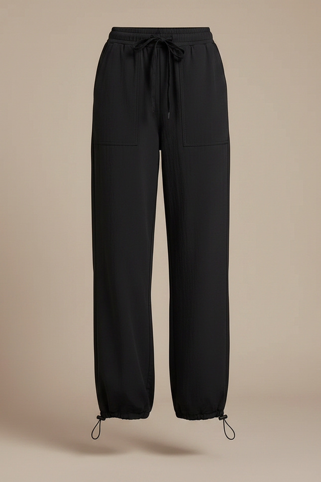 Pantalon Parachute Noir Fluide Taille Haute Cordon - Polyester - vue 3