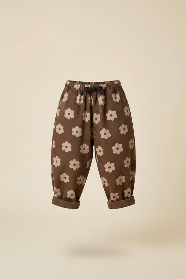 Pantalon Parachute Marron Floral Ample Coton Enfant - Molleton - vue 3