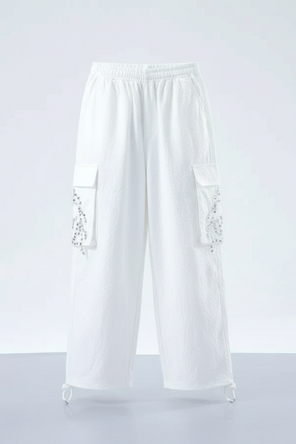 Pantalon Parachute Blanc Ample Paillettes Cargo Fille - Coton - vue 2