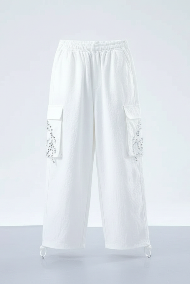 Pantalon Parachute Blanc Ample Paillettes Cargo Fille - Coton - vue 2