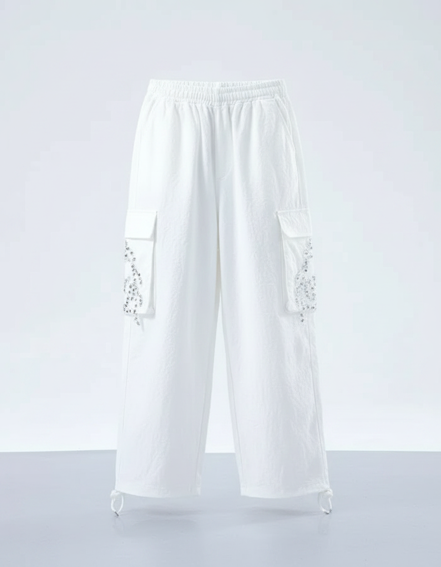 Pantalon Parachute Blanc Ample Paillettes Cargo Fille - Coton - vue 2