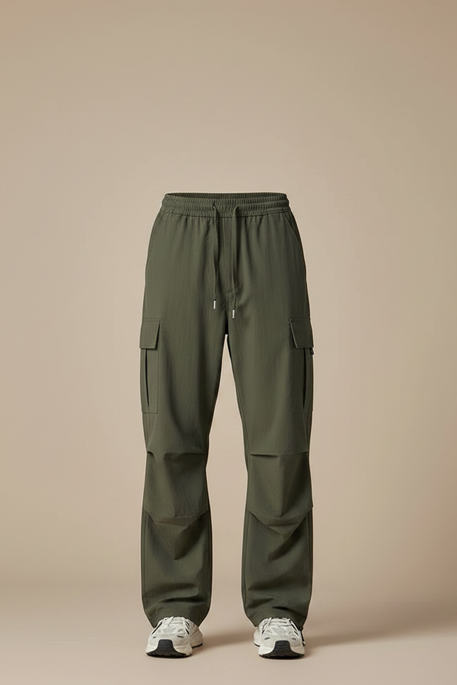 Pantalon Parachute Kaki Ample Cargo Cordon Homme - Polyester - vue 3