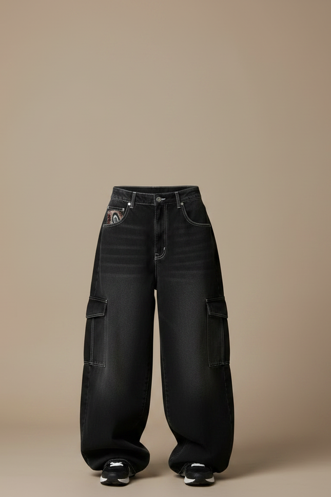 Pantalon Parachute Noir Délavé Ample Imprimé Denim Femme Y2K - Jean - vue 3