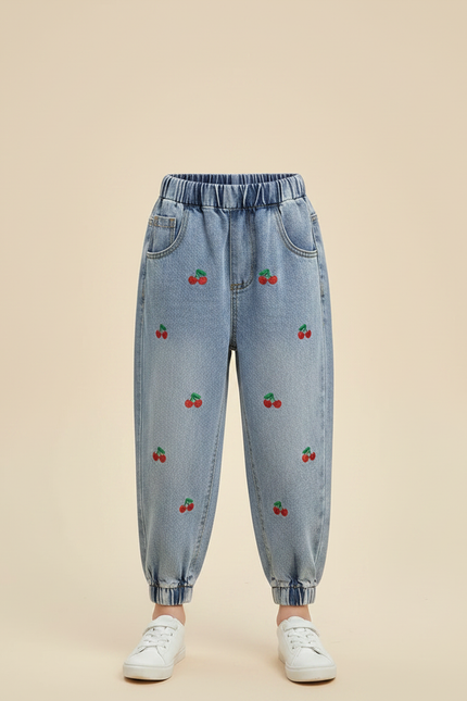 Pantalon Parachute Enfant Jean Ample Cerises Brodé - Bleu - vue 3