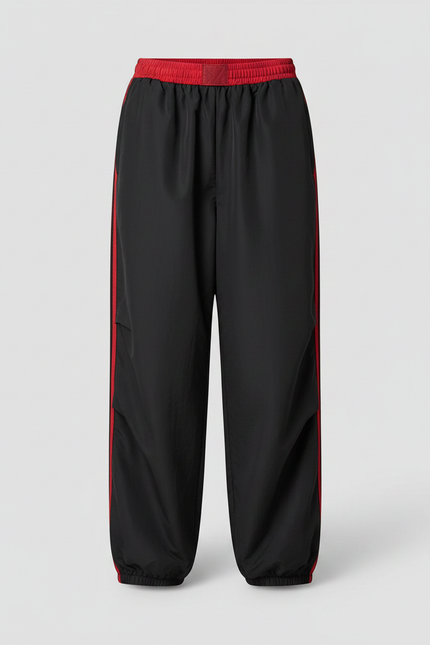 Pantalon Parachute Noir Ample Rayures Rouges Sport - Polyester - vue 3