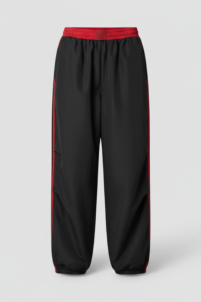 Pantalon Parachute Noir Ample Rayures Rouges Sport - Polyester - vue 3