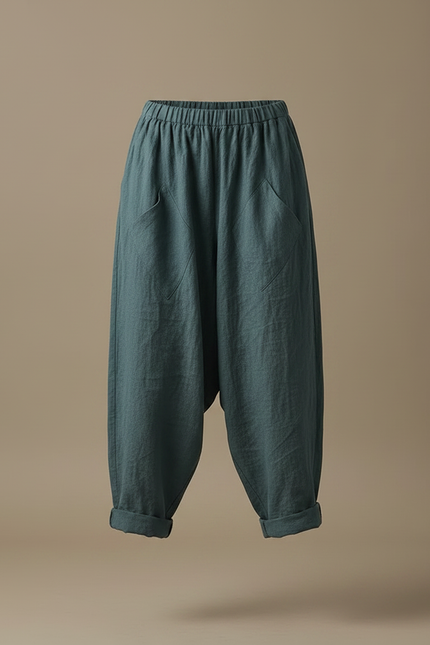 Pantalon Parachute Lin Ample Sarouel Vert Décontracté Femme - vue 3