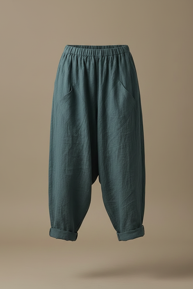 Pantalon Parachute Lin Ample Sarouel Vert Décontracté Femme - vue 3