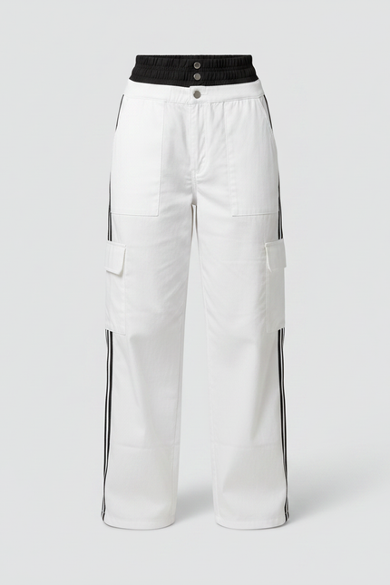 Pantalon Parachute Blanc Cargo Bandes Latérales Femme Ample - Toile - vue 3