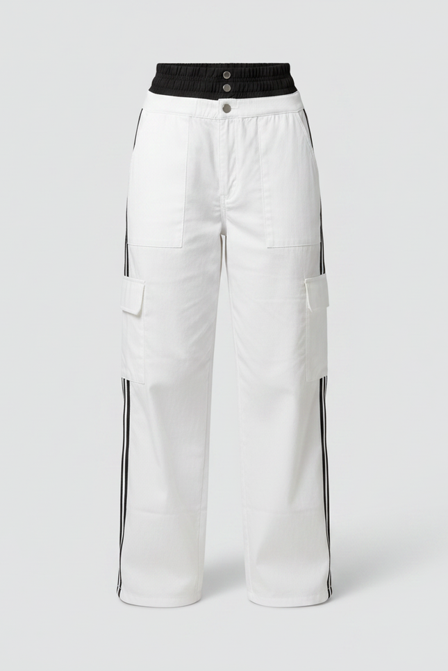 Pantalon Parachute Blanc Cargo Bandes Latérales Femme Ample - Toile - vue 3