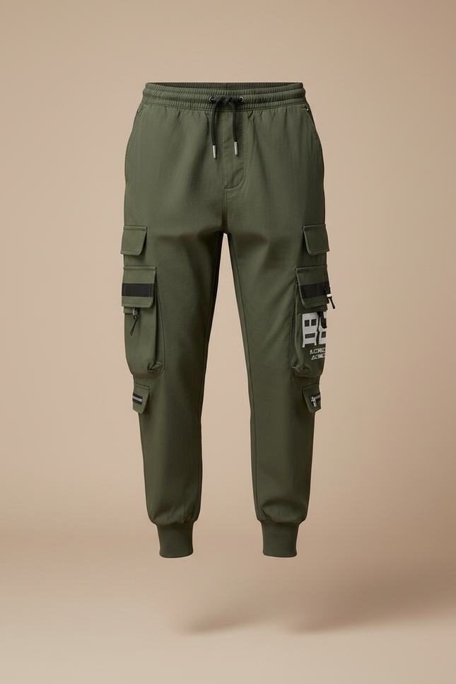 Pantalon Parachute Vert Cargo Cordon Jogger Casual Homme - Kaki Polyester - vue 3