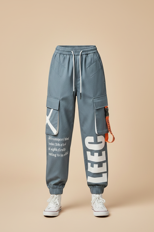Pantalon Parachute Bleu Cargo Imprimé Ample Streetwear - Polyester - vue 3