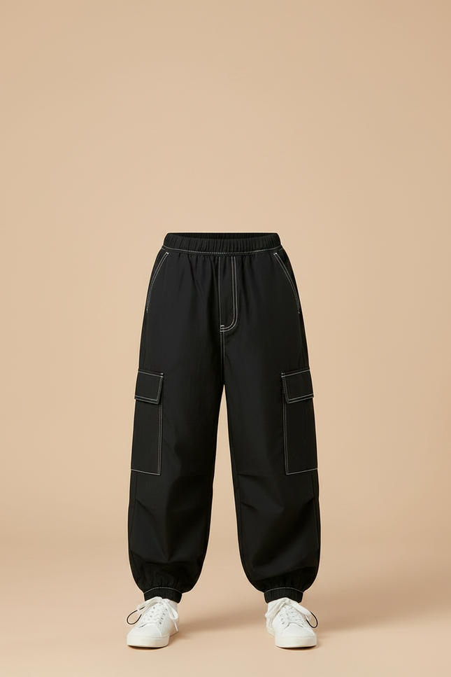 Pantalon Parachute Noir Cargo Ample Enfant - Polyester - vue 3