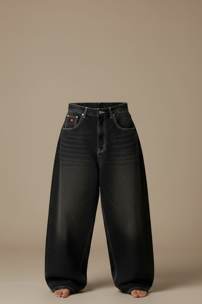 Pantalon Parachute Noir Délavé Ample Denim Femme Y2K - Jean - vue 3
