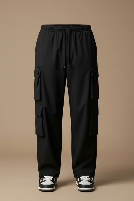 Pantalon Parachute Noir Cargo Ample Unisexe Cordon - Polyester - vue 3