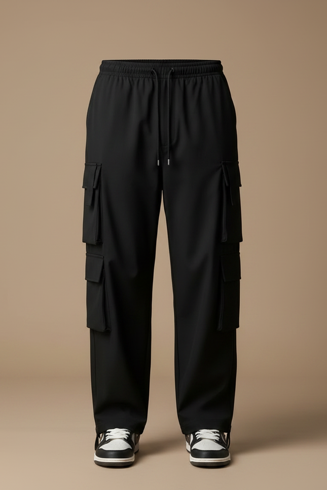 Pantalon Parachute Noir Cargo Ample Unisexe Cordon - Polyester - vue 3