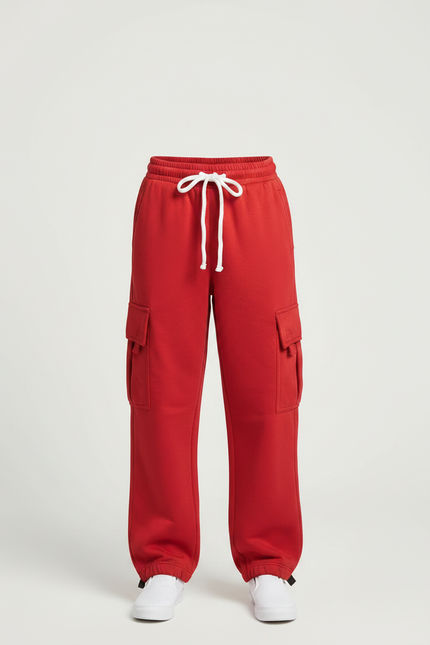 Pantalon Parachute Rouge Ample Molleton Cargo - vue 3