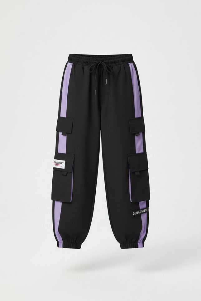 Pantalon Parachute Noir Violet Ample Cargo Streetwear - Polyester - vue 3