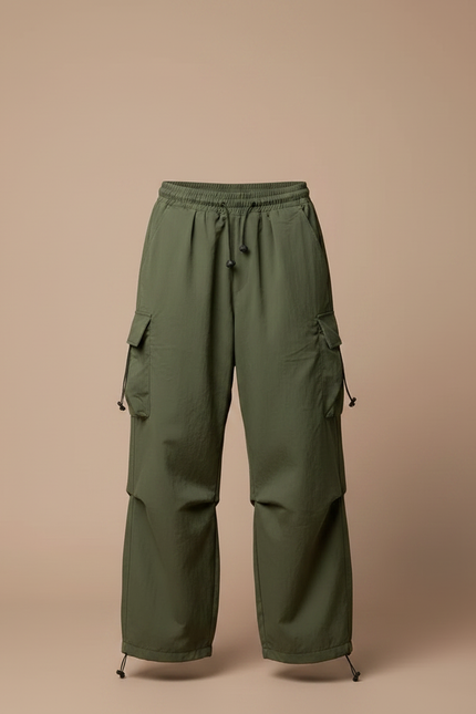 Pantalon Parachute Vert Ample Cargo Décontracté Cordon - Kaki Polyester - vue 3