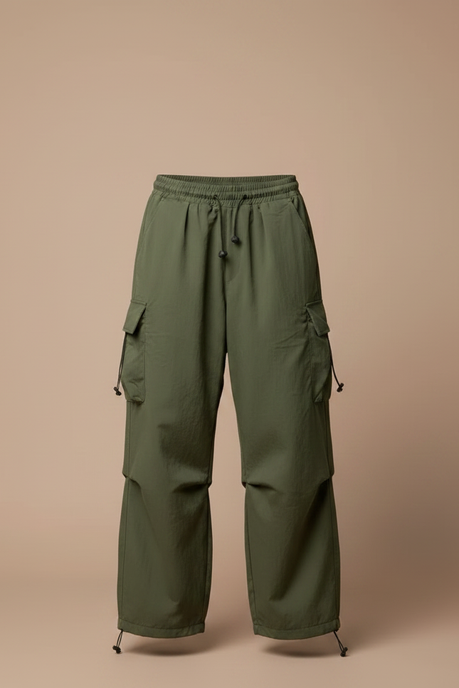 Pantalon Parachute Vert Ample Cargo Décontracté Cordon - Kaki Polyester - vue 3