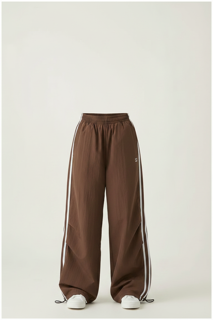 Pantalon Parachute Marron Ample Rayures Blanches Streetwear - Polyester - vue 3