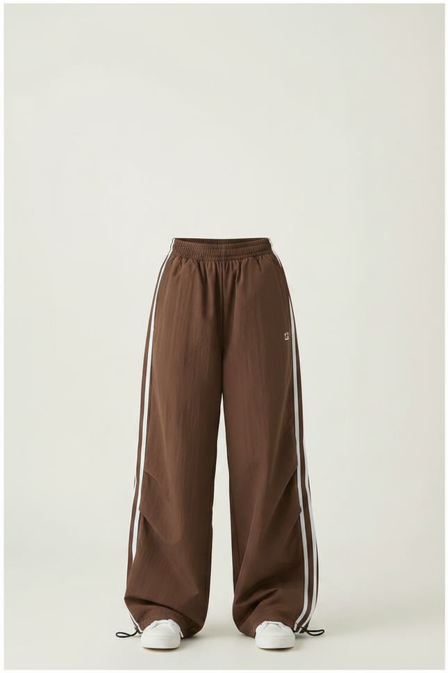 Pantalon Parachute Marron Ample Rayures Blanches Streetwear - Polyester - vue 3
