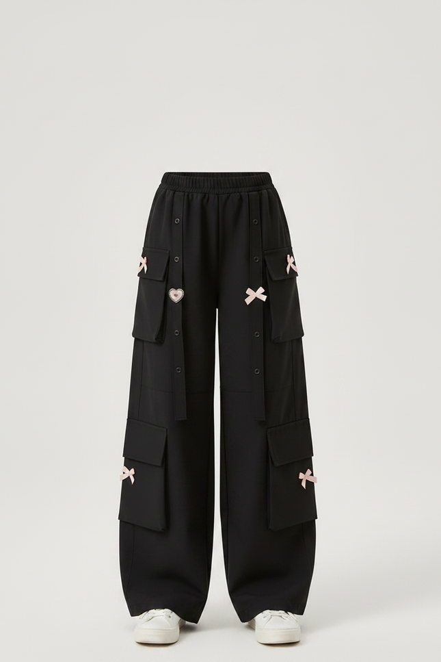 Pantalon Parachute Noir Cargo Ample Bowknot Fille - Polyester - vue 3