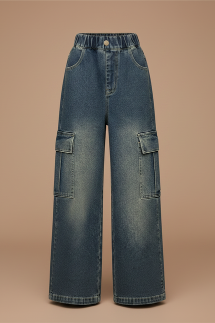 Pantalon Parachute Denim Ample Cargo Fille Décontracté - Bleu Jean - vue 3