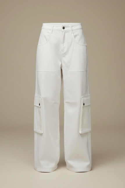 Pantalon Parachute Blanc Cargo Ample Coton Femme - vue 3