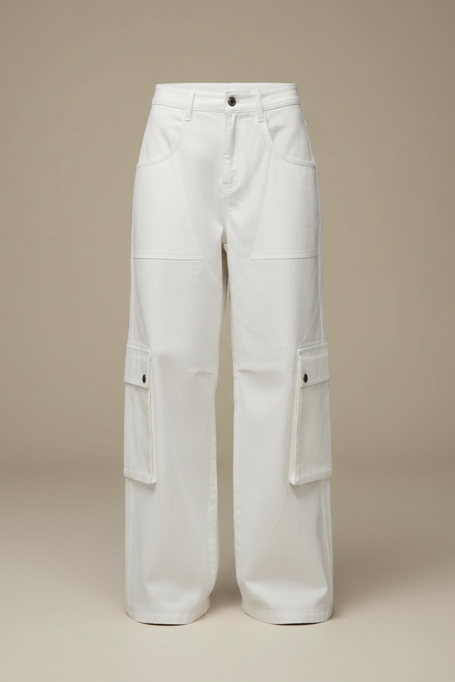 Pantalon Parachute Blanc Cargo Ample Coton Femme - vue 3