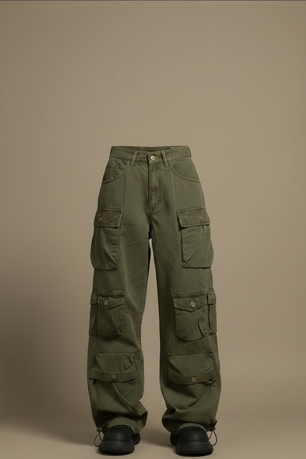 Pantalon Parachute Vert Militaire Cargo Ample Multi-poches - Kaki Toile - vue 3