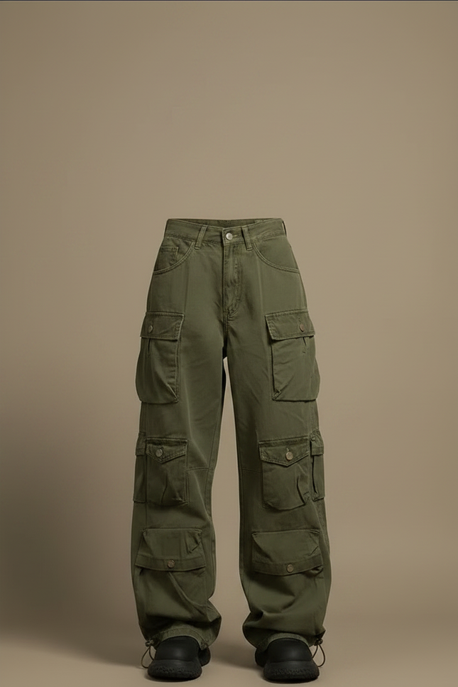 Pantalon Parachute Vert Militaire Cargo Ample Multi-poches - Kaki Toile - vue 3