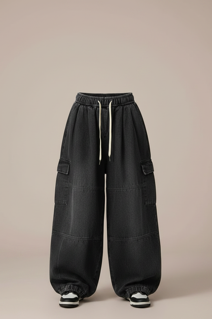 Pantalon Parachute Cargo Denim Noir Ample Enfant - Jean - vue 3