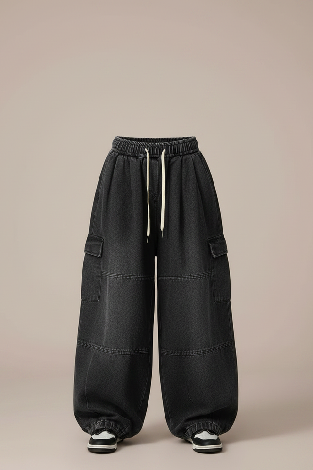 Pantalon Parachute Cargo Denim Noir Ample Enfant - Jean - vue 3